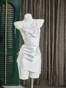 Sexy & Fashionable Spaghetti Strap Lace Trim Asymmetrical Hem Faux Silk Women Nightgown - White - View 9