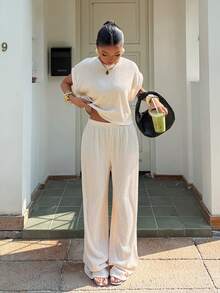 Muchica 杏色针织上衣和裤子休闲家居服套装 - 杏色 - 查看 6