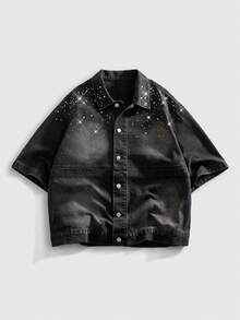 ROMWE MEN 水钻装饰休闲宽松牛仔短袖上衣 - 黑色 - 查看 1