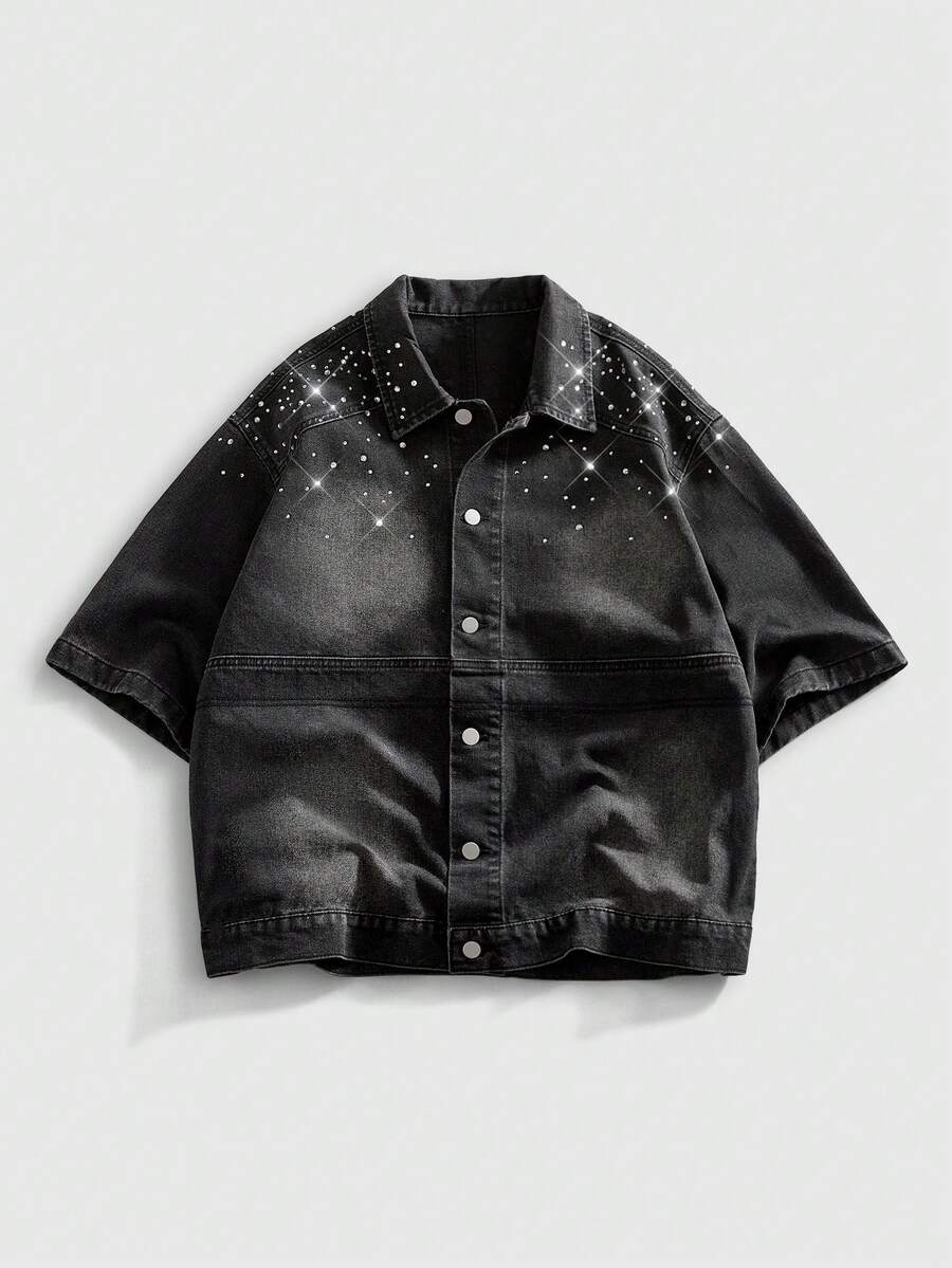 ROMWE MEN 水钻装饰休闲宽松牛仔短袖上衣 - 黑色 - 查看 1