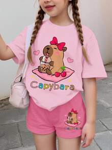 2pcs Cute Capybara Print & Cherry Bow Decor Tween Girls Casual Minimalist Short Sleeve Shorts Set, Suitable For Summer, Cute Summer Outfits For Outing, Summer Tween Girl Items, Beach Mode On, Summer Outing Items - Multicolor - View 1