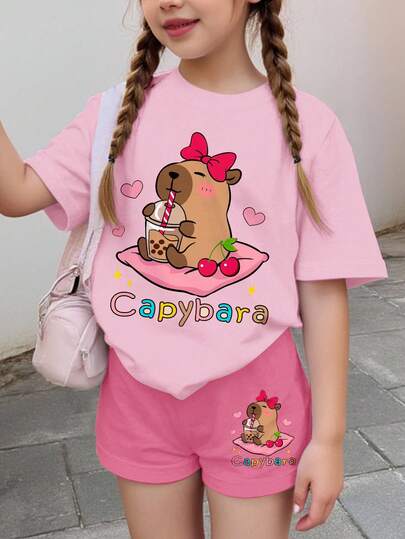 2pcs Cute Capybara Print & Cherry Bow Decor Tween Girls Casual Minimalist Short Sleeve Shorts Set, Suitable For Summer, Cute Summer Outfits For Outing, Summer Tween Girl Items, Beach Mode On, Summer Outing Items