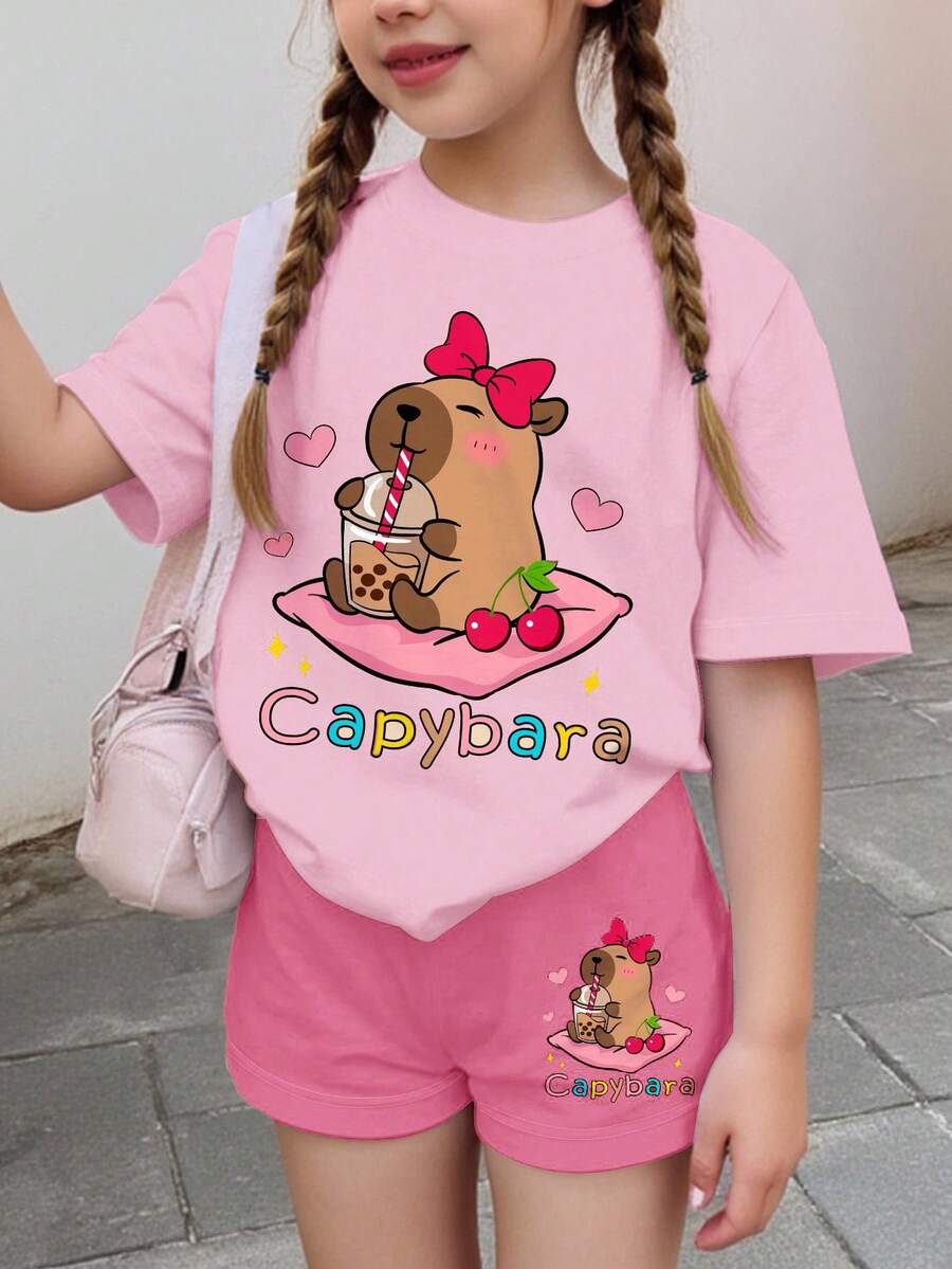 2pcs Cute Capybara Print & Cherry Bow Decor Tween Girls Casual Minimalist Short Sleeve Shorts Set, Suitable For Summer, Cute Summer Outfits For Outing, Summer Tween Girl Items, Beach Mode On, Summer Outing Items - Multicolor - View 1