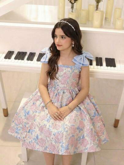 SHEIN 少女蝴蝶结露肩露背提花缎面无袖连衣裙，甜美小公主裙