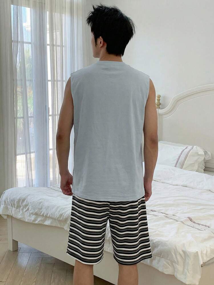 Men's Summer Letter Print Tank Top And Striped Shorts Pajama Set