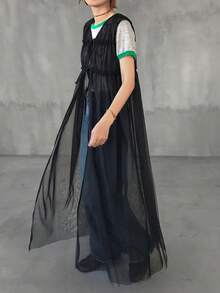FRIFUL Top ample et ample avec superposition en maille transparente décorative pour femmes - Noir - Voir 7