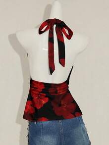 SHEIN ICON 女款休閒掛脖露背背心上衣，花卉印花，適合度假、夏季、海灘穿著、假期、春季女裝，紅色 - 彩色 - 查看 2