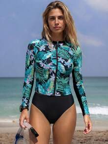 Swim SPRTY 3pcs/Set Tropical Plant & Floral Print Zip-Up Long Sleeve Top, Elegant Vacation Party Women Swimsuit Set - Multicolor - View 1