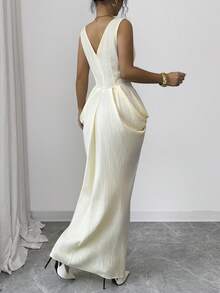 Elenzga Women's Spring/Summer Elegant Dress, V-Neck, Pleated, Waist Cinched, Sleeveless, Casual, Romantic, Vacation, Pale Yellow - Light Yellow - View 2