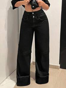SHEIN Unity Women's Double-Waistband Pockets Wide Leg Loose Casual Jeans - Black - View 7