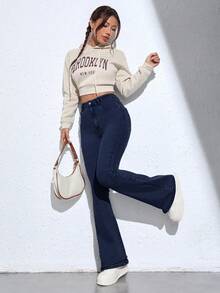 Jeanoix Women's High Waist Pockets Casual Versatile Flare Leg Jeans - Navy Blue - View 3