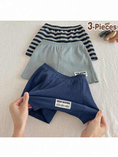Loomiva 3件套男婴纯色条纹装饰弹力腰休闲短裤套装，适合夏季、休闲、运动、居家、外出、海滩、度假、上学及各种场合。