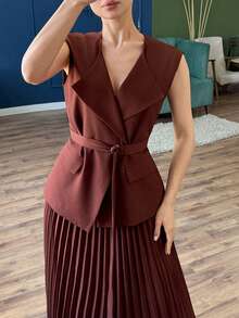 DAZY 2pcs Women's Cinched Waist Vest And Long Pleated Skirt Set, Elegant Urban Casual Outfit, Burgundy - Red - View 3
