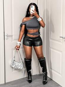 BamGleam Women's Grey Twist Cutout Shoulder Fitted T-Shirt,Summer Seksi Chic Night Out Club Solid Color Boho Plain Casual Spring Summer Holiday Vacation - Grey - View 6