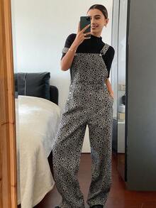 Livesso Women's Leopard Print Pocketed Casual Wide Leg Denim Jumpsuit, Autumn/Winter Spring - Coffee Brown - View 5