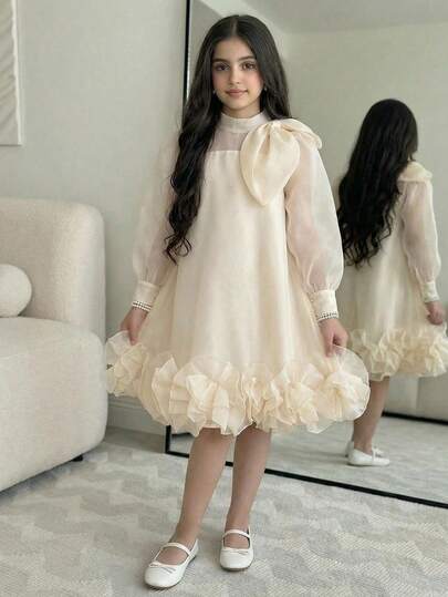 SHEIN Tween Girl Loose Elegant Stand Collar Gigot Sleeve Big Bow Decor Floral Fabric Dress