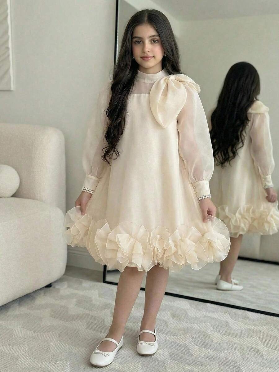 SHEIN Đầm vải hoa văn dáng rộng thanh lịch cổ đứng tay phồng cho bé gái tuổi teen. - Màu be - Xem 1