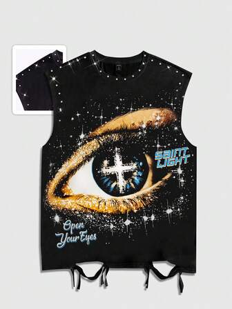 Grunge Punk Punk Style Street Graphic Print Sleeveless Crew Neck Tank Top With Rhinestones And Distressed Details, Men Summer