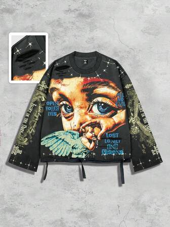 Street Life Maglietta vintage da uomo a girocollo con maniche lunghe e grafica Saint in stile urban consumato