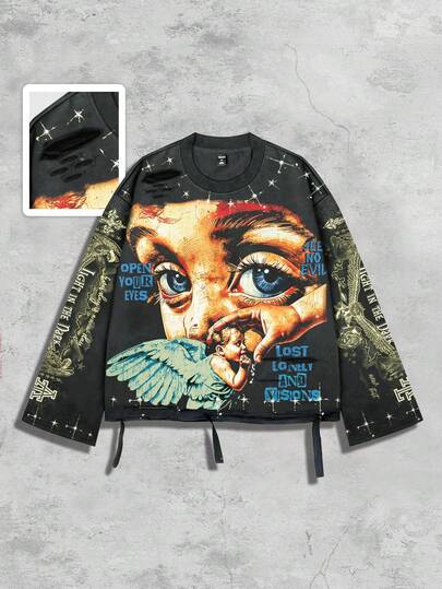 Street Life Vintage Streetstyle verwaschenes Saint Grafik Langarm Rundhals Herren T-Shirt