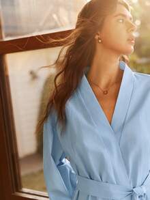 Women's Bohemian Casual Vacation Loose Comfortable Woven Tie-Front Flare Sleeve Long Sleeve Robe, Blue - Blue - View 1