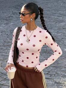 Muchica Polka Dot Print Crew Neck Fitted Women Long Sleeve T-Shirt - Pink - View 3