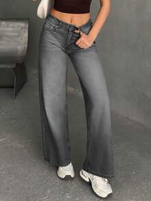 EURMUSE WOMEN WIDE LEG MID WAIST JEANS - Light Grey - View 4