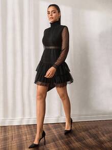 SHEIN Cottnline Swiss Dot Contrast Lace Ruffle Hem Dress - Black - View 7