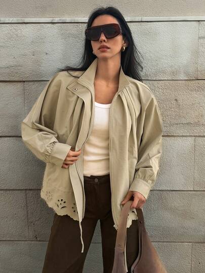 Livesso Löst och avslappnat gatumode, veckad, dragsko i midjan, urholkad jacquard-lapptäcke, ståkrage, lätt utomhusjacka för kvinnor, vår/sommar/höst