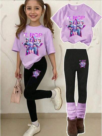 Young Girl Cartoon Girl Letter Print Short Sleeve T-Shirt And Leggings Casual Daily Outfit