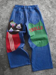 Trolls X SHEIN 男士休闲街头日常通勤趣味可爱卡通字母印花宽松阔腿牛仔裤 - 藍色 - 查看 2