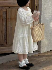 DAZY Young Girl Contrast Lace Round Neck Long Sleeve Cute Dress - Beige - View 4