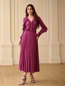 ZEYLAH V-Neck Long Sleeve Ruffle Pleated Midi Dress - Purple - View 4