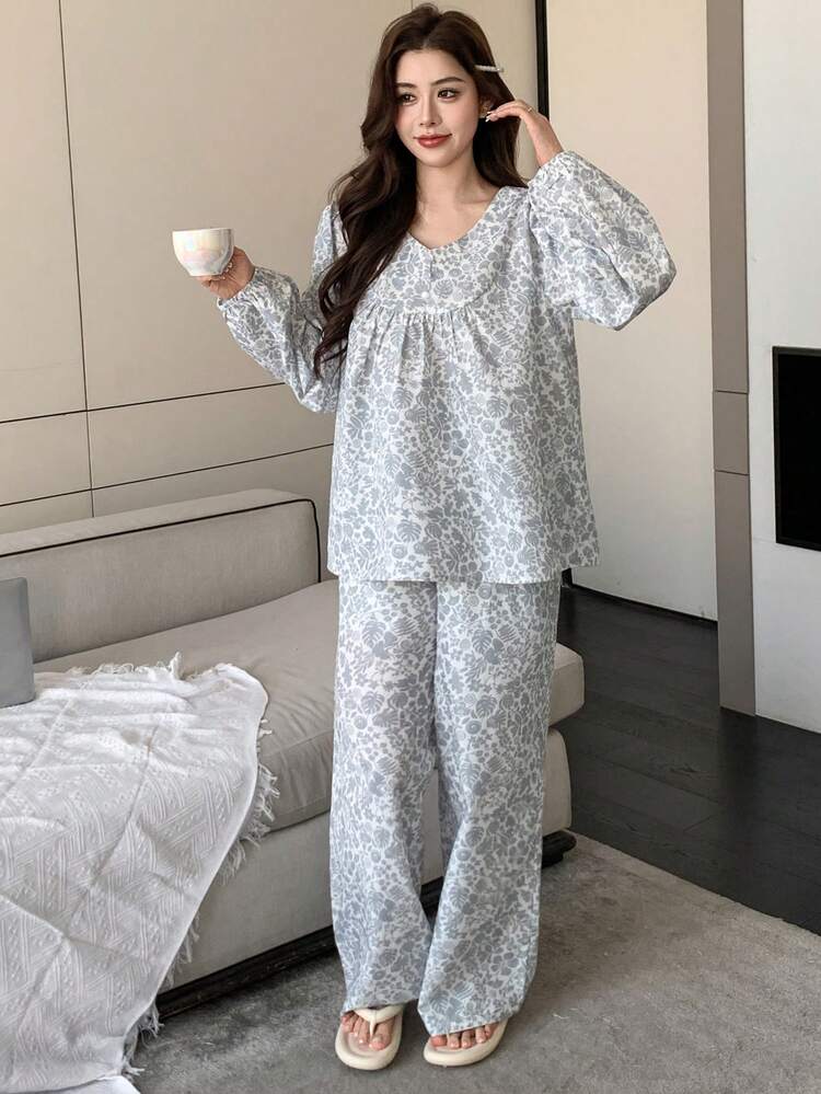 Floral Print Loose Lantern Sleeve Women Pajama Set