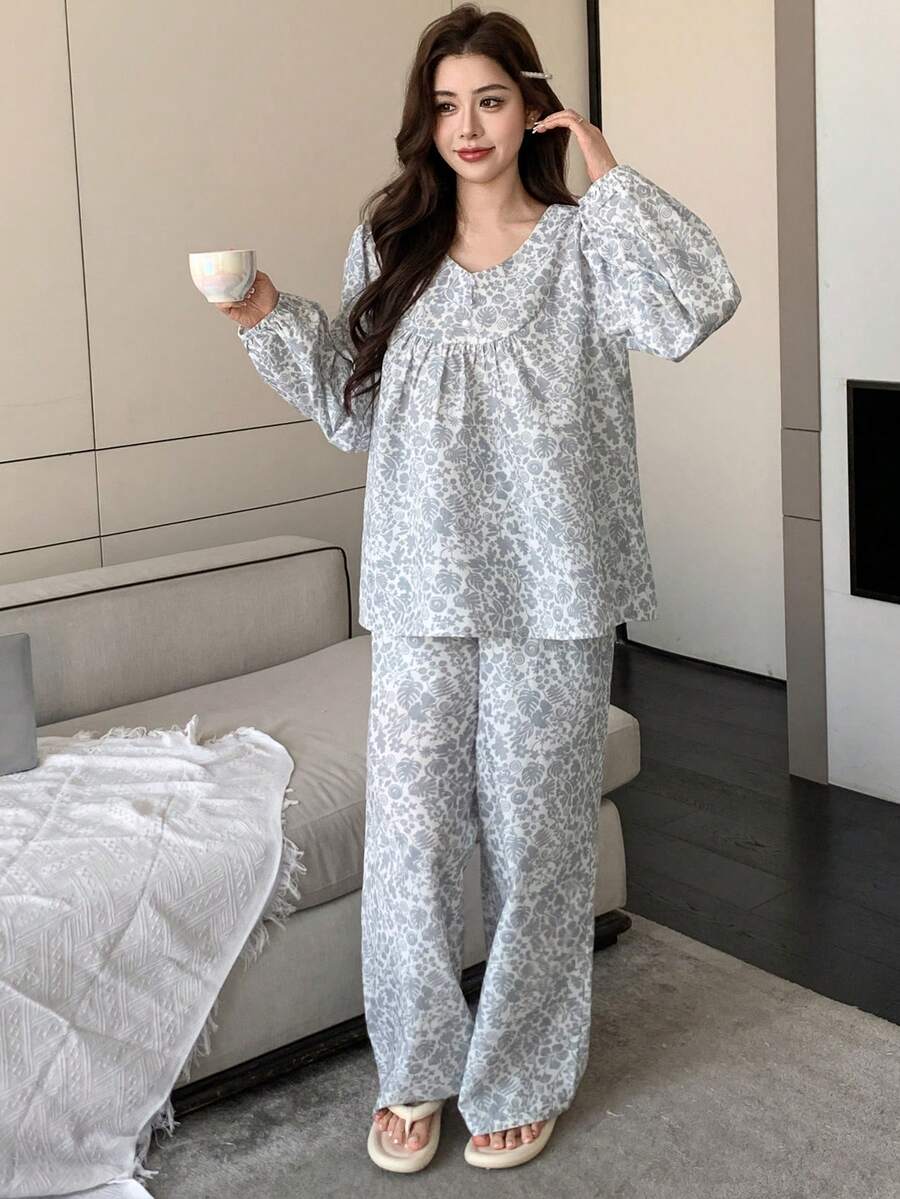 DAZY Floral Print Loose Lantern Sleeve Women Pajama Set - Grey - View 1
