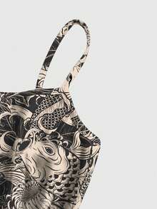 ROMWE Avant Đầm ngắn kiểu Trung Quốc gợi cảm in họa tiết hoa cúc cá chép, sóng biển, dành cho nữ, thích hợp cho các lễ hội âm nhạc. - màu nâu - Xem 3