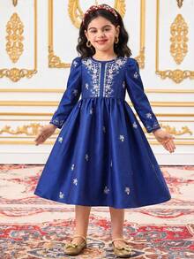 SHEIN Royal Blue Young Girl Flamingo Print Long Sleeve Dress,Autumn Party Wedding Elegant Floral Arabian,Kaftan Jalabiya Pakistani Clothes For Young Girl - Blue - View 6