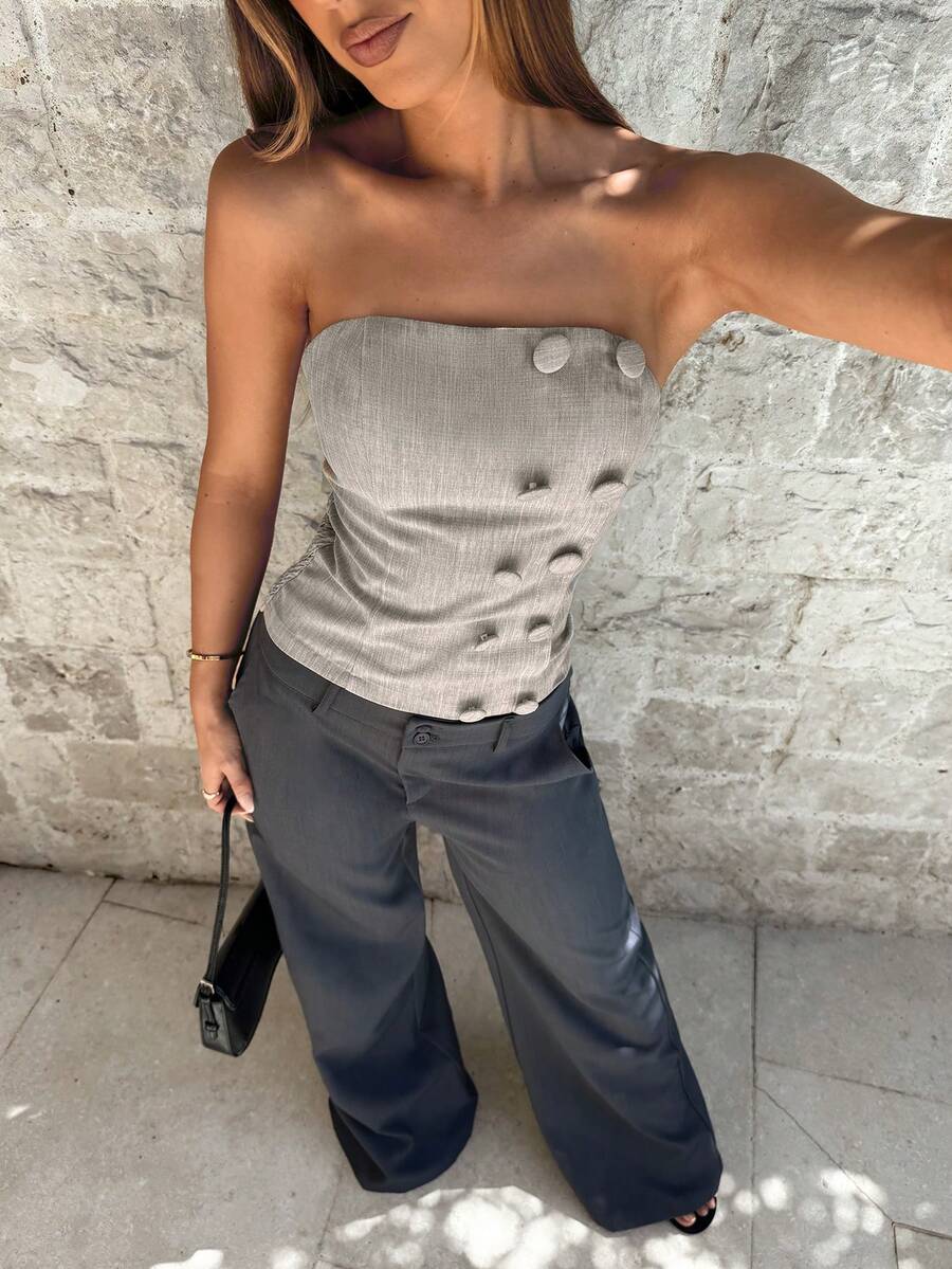 Aloruh Women's Khaki Elegant Sexy Fashionable Minimalist Chic Strapless Double-Breasted Fitted Waist Top, Spring/Summer - Khaki - View 1