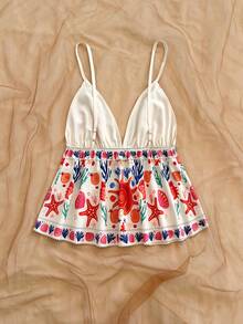 Soleia Women's V-Neck Knotted Design Starfish & Shell Print Casual Versatile Camisole Top - Multicolor - View 2