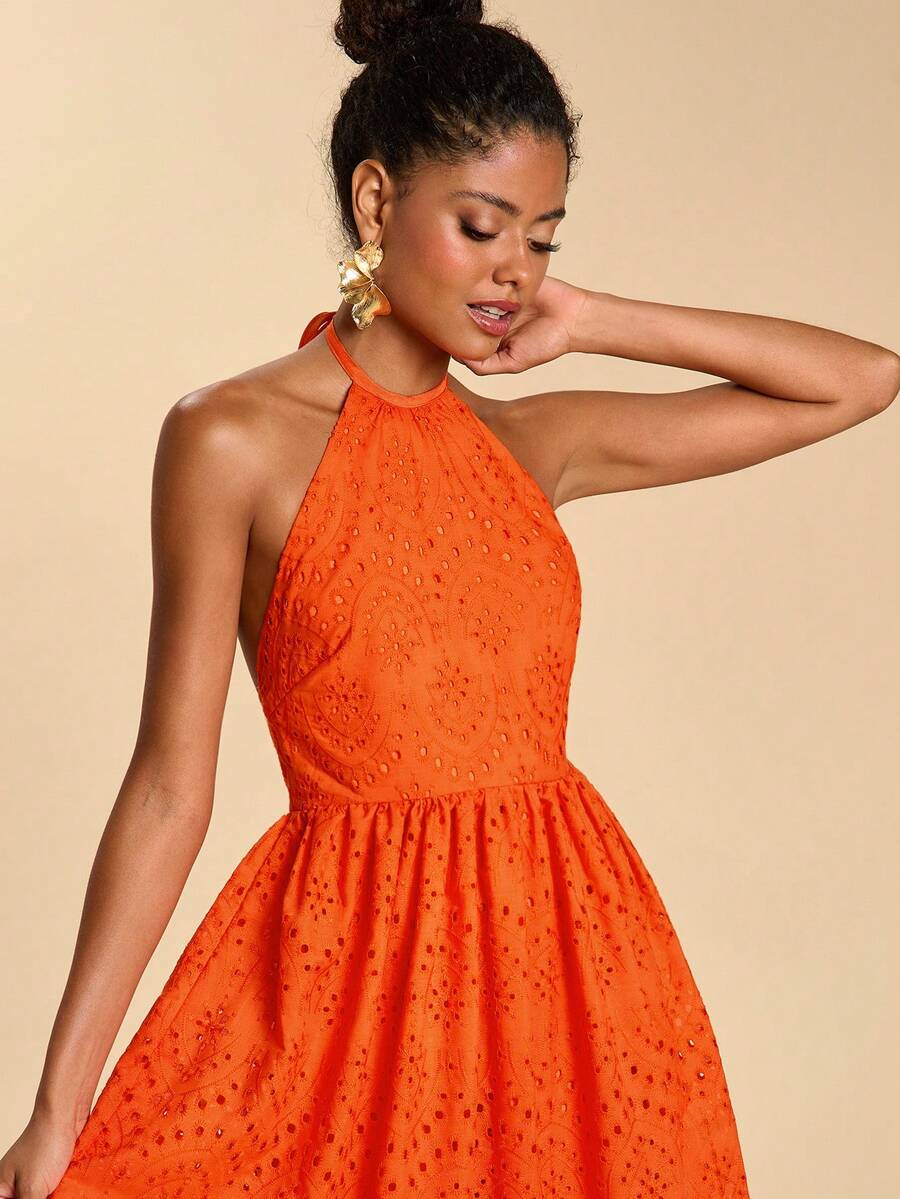 Travachic 女士镂空刺绣休闲吊带连衣裙，春夏度假装，优雅派对礼服，夏季连衣裙，沙滩裙，婚礼派对礼服，女士优雅连衣裙，女士度假装 - 橘色 - 查看 1