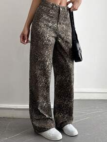 DAZY Women's Leopard Print Slant Pocket Casual Versatile Jeans - Brown - View 3