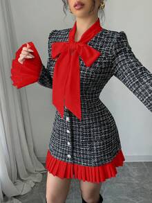 Elenzga Autumn/Winter Bow Tie Collar Contrast Color Pleated Short Dress - Red - View 6