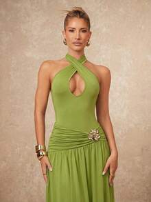 Lumalex 女士纯色交叉镂空褶皱性感吊带连衣裙 - 綠色 - 查看 11