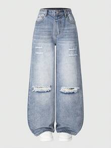 Tween Girls' Distressed Boyfriend Jeans, Retro American Style Loose Fit Wide Leg Casual Denim Pants, Blue - Blue - View 2