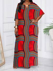 SHEIN Lady Spring And Summer Casual Elegant Boho Red Woven Notched Straight Batwing Sleeve Kaftan Dress Midi Short Sleeve Plus Size Dresses - Red - View 4