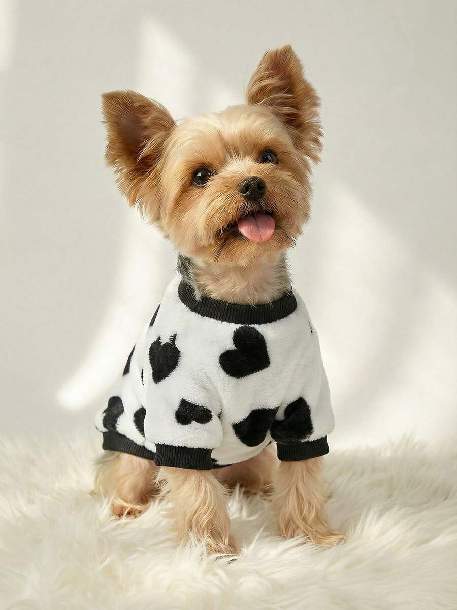 PETSIN 1件宠物猫/狗白色法兰绒爱心印花保暖圆领卫衣 - 彩色 - 查看 1