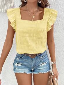 Vivid Eden 女士度假休闲褶皱浅黄色方领常规款荷叶边短袖衬衫，可爱度假夏季上衣 - 鵝黃色 - 查看 7