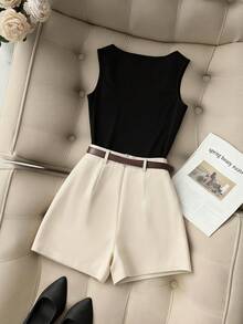 SHEIN Franclia Women's Casual Comfortable Versatile Outerwear, Black With Belt Paired Wide Leg Pants, Spring/Summer - Black - View 2