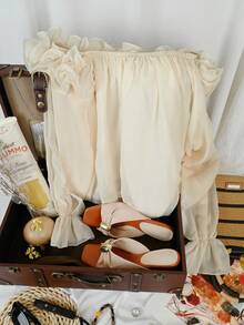 Franclia Women's Spring/Summer French Elegant Design Lace Patchwork Oblique Shoulder Long Sleeve Apricot Chiffon Casual Blouse - Apricot - View 2