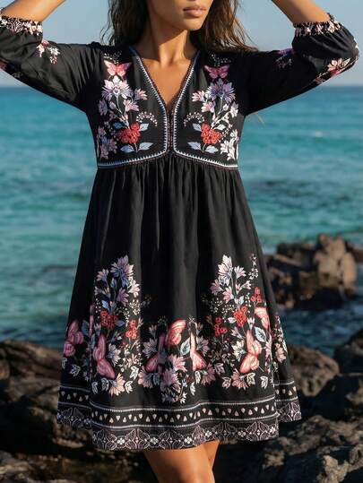CAJUNI Anamaria Short-Sleeve Floral Print Dress.Women's Summer Boho Black Mini Dress